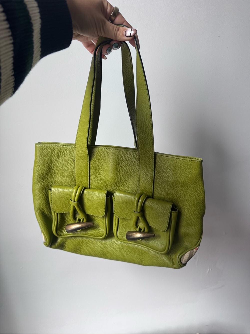 Burberry London Green Leather Haymarket Check Horn Toggle Tote Shoulder Bag